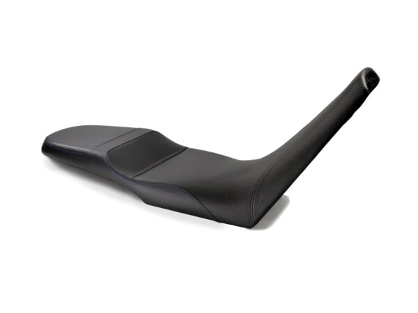 REVolution OEM Seat Upgrade for the Aprilia Tuareg 660 shown with CFX and Blue stitch.